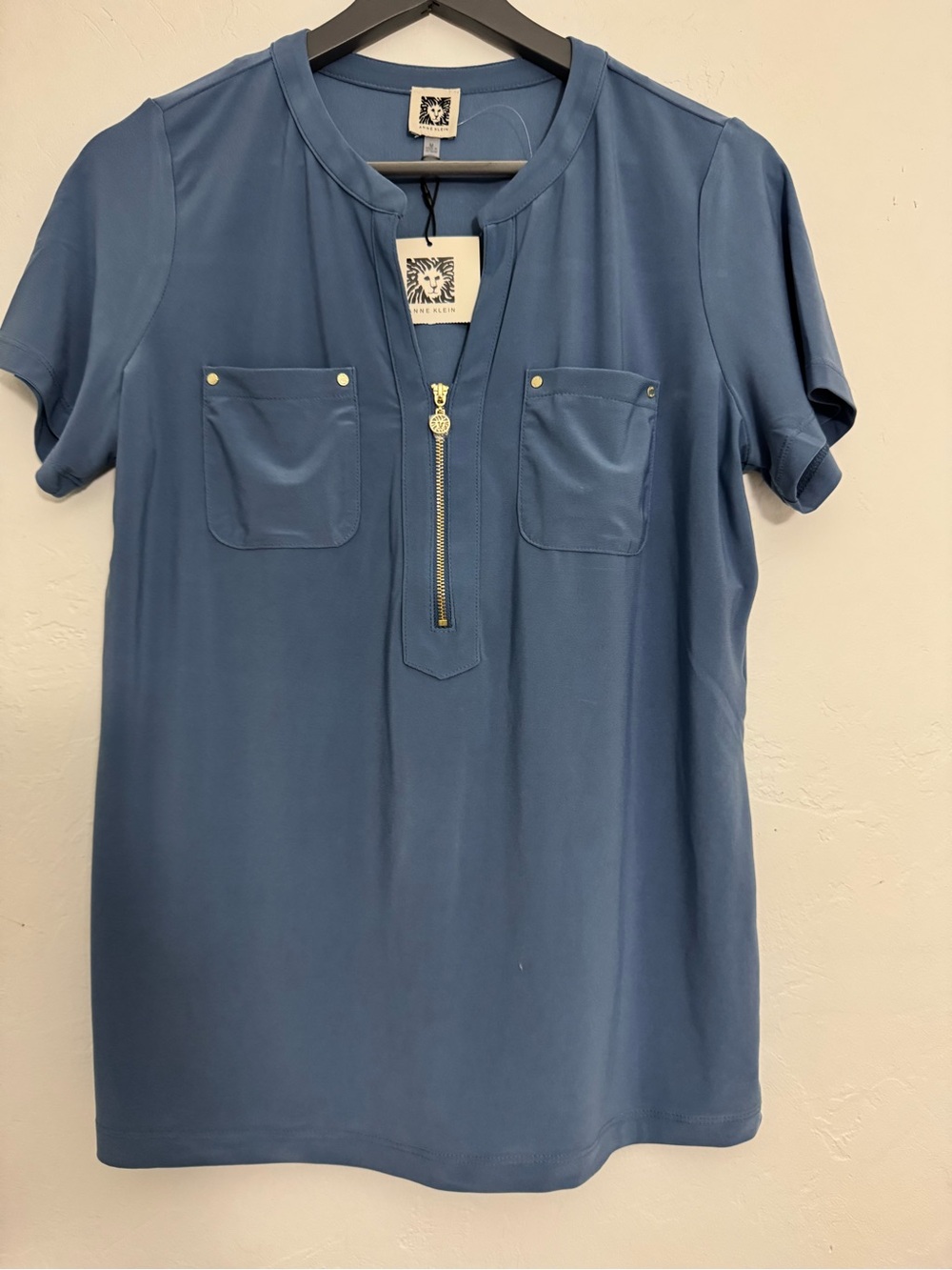 Anne Klein Dusty Blue Short-Sleeve Zip Pocket Tee